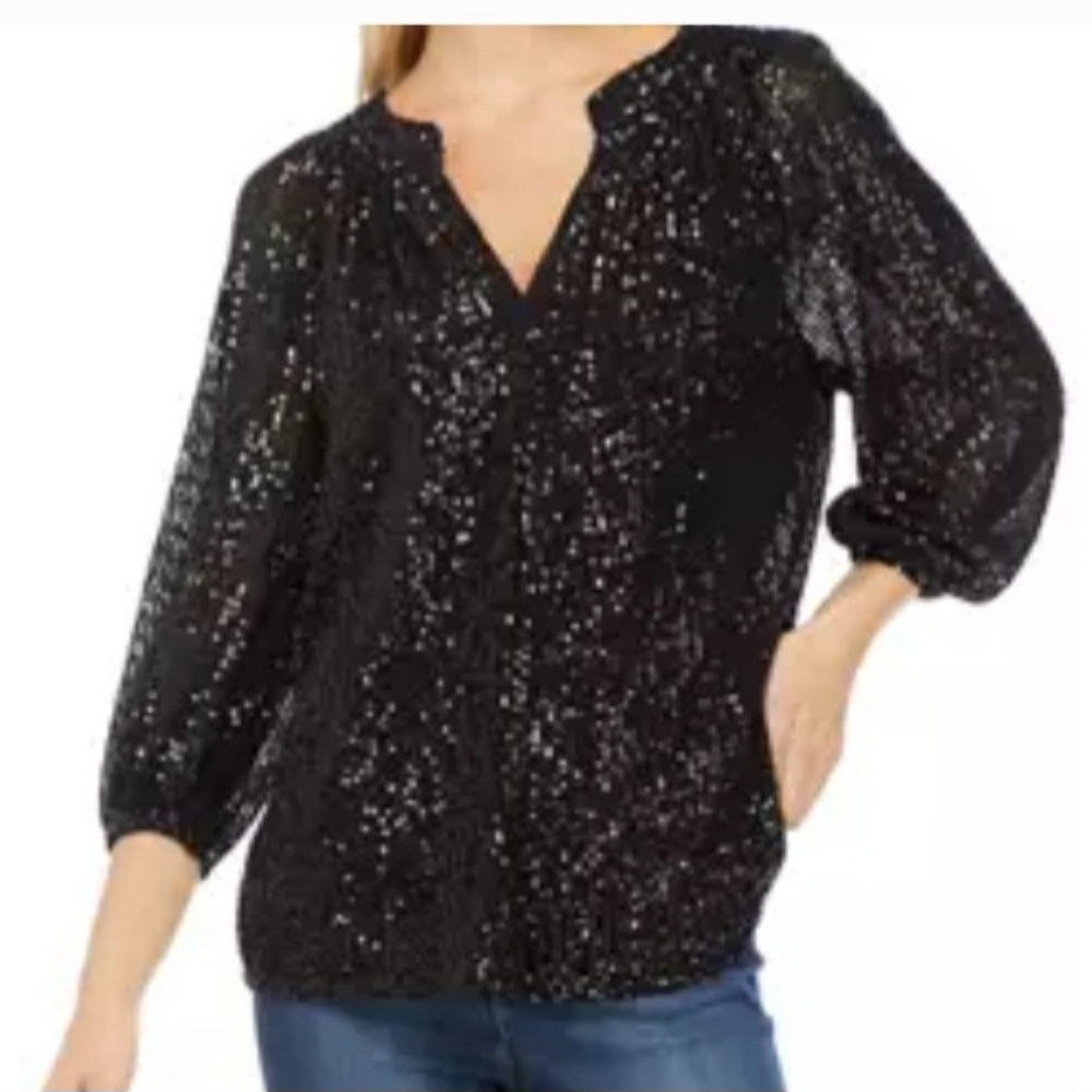 NWT Crown & Ivy 3/4 Blouson Sleeve Sequin Peasant Top, Size 1X